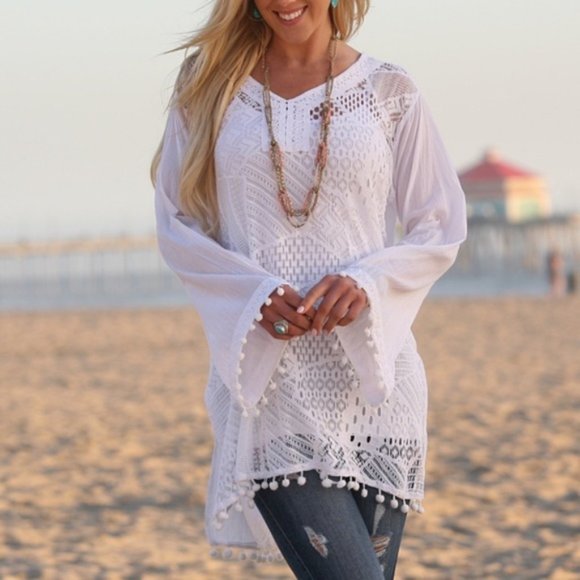 SR Fashions Tops - White Lace Bell-Sleeve Semi-Sheer Peasant Tunic